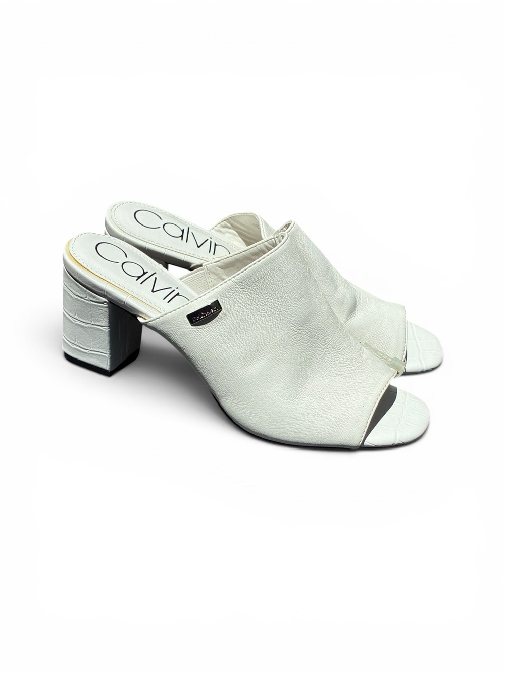 Calvin Klein White Peep-Toe Block Heel Mules
